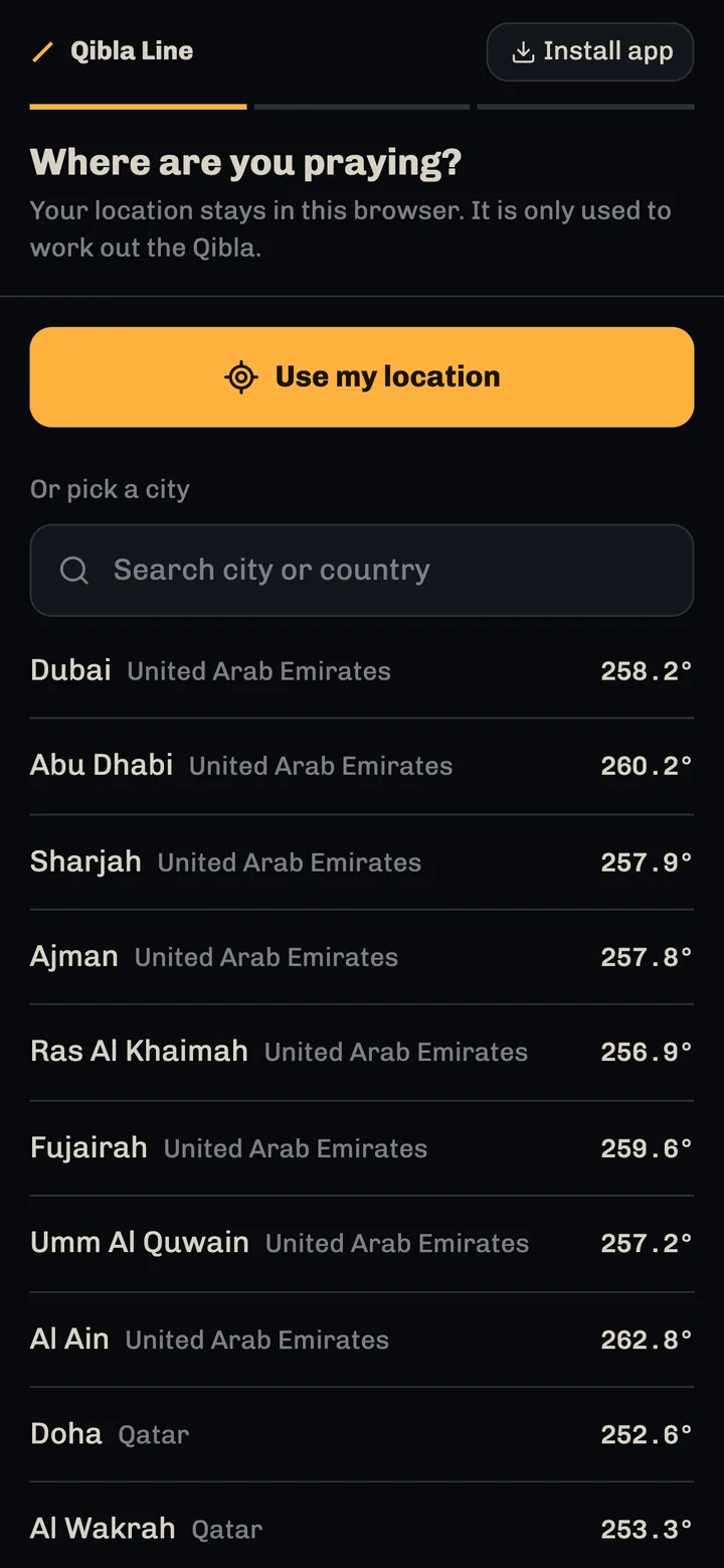 The Place screen: a Use my location button above a list of cities, each with its Qibla bearing
